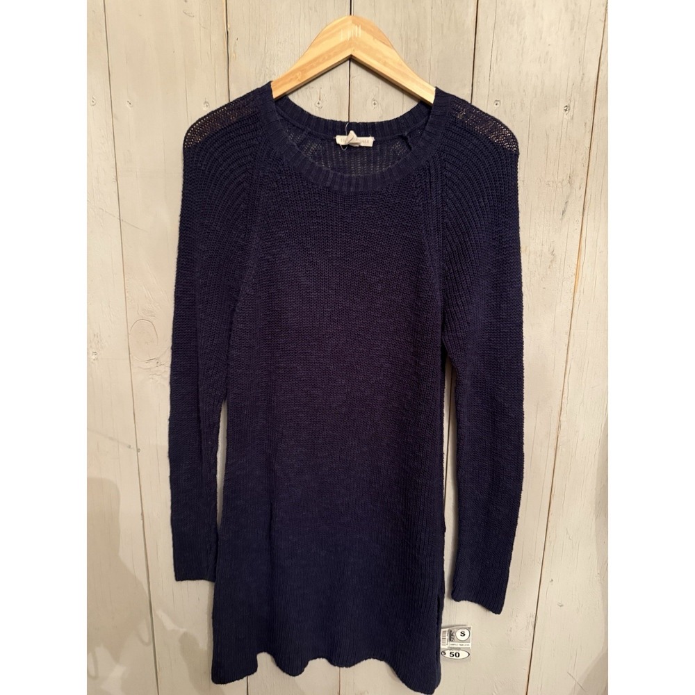 Eileen Fisher Slub Sweater Navy Dress S Knit Organic Linen Crew Neck PulloverU1